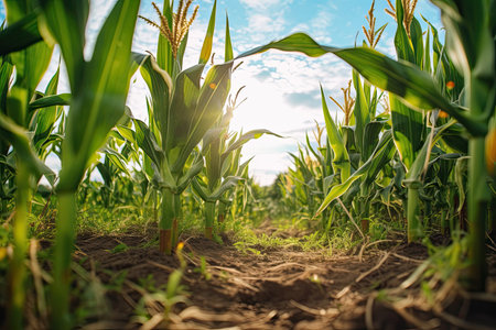 Agriculture, Growing sweetcorn in field. Generative Aiの素材
