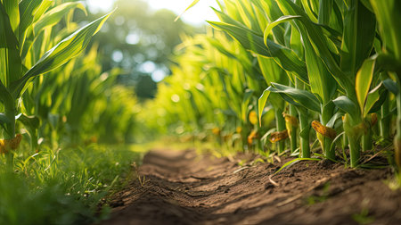Agriculture, Growing sweetcorn in field. Generative Aiの素材