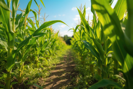 Agriculture, Growing sweetcorn in field. Generative Aiの素材