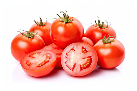 Fresh Red Tomato and sliced tomatoes with water droplets isolated on white background. Generative Aiの素材