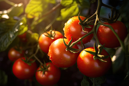 Agriculture of tomatos, Growing Red tomatos with water droplets in field. Generative Aiの素材