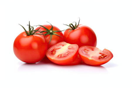 Fresh Red Tomato and sliced tomatoes with water droplets isolated on white background. Generative Aiの素材