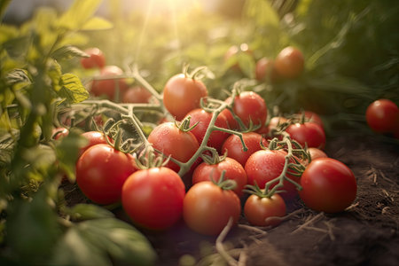 Agriculture of tomatos, Growing Red tomatos with water droplets in field. Generative Aiの素材
