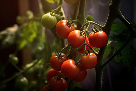 Agriculture of tomatos, Growing Red tomatos with water droplets in field. Generative Aiの素材