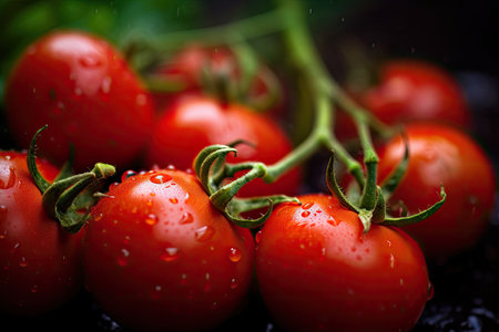 Agriculture of tomatos, Growing Red tomatos with water droplets in field. Generative Aiの素材