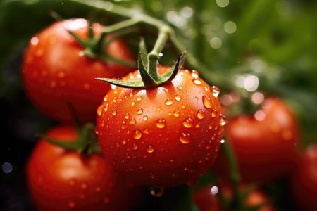 Agriculture of tomatos, Growing Red tomatos with water droplets in field. Generative Aiの素材