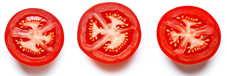 Set of round tomatos slices. Fresh Red Tomato isolated on white background. Generative Aiの素材