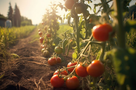 Agriculture of tomatos, Growing Red tomatos with water droplets in field. Generative Aiの素材