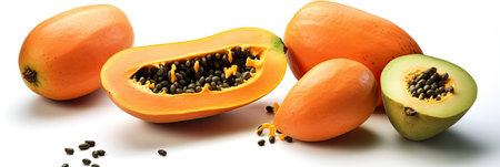 Set of papaya and sliced papaya isolated on white background. Generative Aiの素材