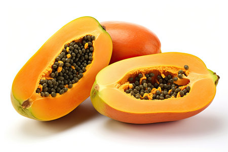 ripe papaya and sliced papaya isolated on white background. Generative Aiの素材