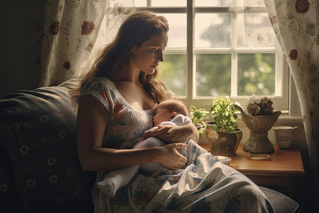 Mother hugging her baby with love and warmth at home, Newborn baby. Generative AIの素材