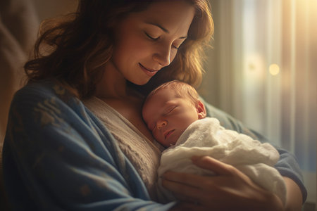 Mother hugging her baby with love and warmth at home, Newborn baby. Generative AIの素材