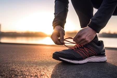 Man tying jogging shoes at outdoors in the morning. Generative AIの素材