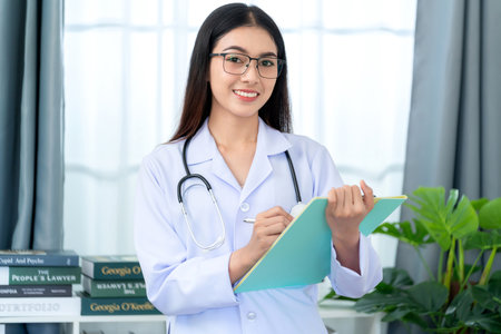 Asian beautiful female doctor in white coat with stethoscope  holding chart sheet , waist up. Medical student. Medical concept.の写真素材