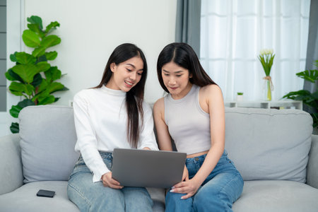 Two young asian women shopping online shopping on laptop while sitting on sofa together in living room.の写真素材