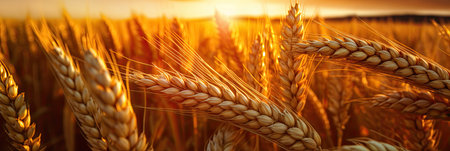 Wheat field. Ripening ears of wheat field. Rich harvest Concept. Ears of golden wheat. Rural Scenery under Shining Sunlight.の素材