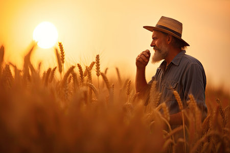 A farmer in golden wheat field.の素材