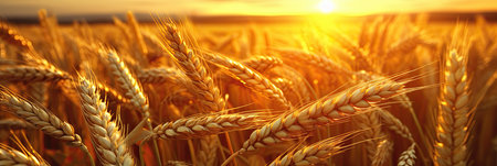 Wheat field. Ripening ears of wheat field. Rich harvest Concept. Ears of golden wheat. Rural Scenery under Shining Sunlight.の素材