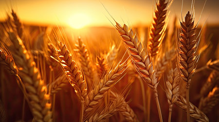 Wheat field. Ripening ears of wheat field. Rich harvest Concept. Ears of golden wheat. Rural Scenery under Shining Sunlight.の素材