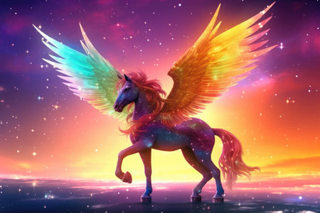 Rainbow background with winged cute unicorn with stars. Generative Aiの素材