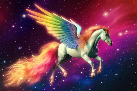 Rainbow background with winged cute unicorn with stars. Generative Aiの素材