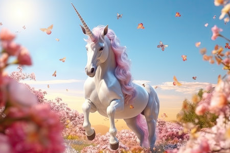 A unicorn, White Unicorn running in dreams flowers. Generative Aiの素材