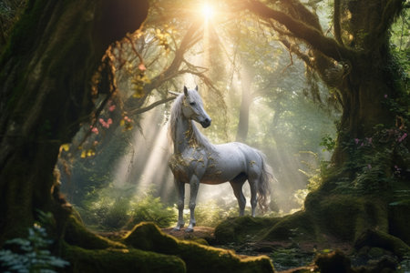 A unicorn, Beautiful unicorn in a magical forest magic. Generative Aiの素材