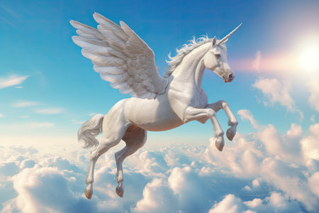 A unicorn, Majestic Pegasus horse flying high above the clouds. Flight of the Pegasus. Generative Aiの素材