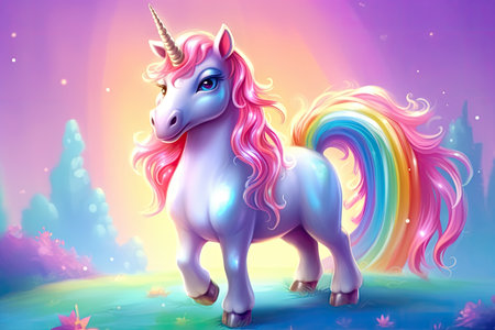Cartoon, Cute magical unicorn and raibow. Generative Aiの素材