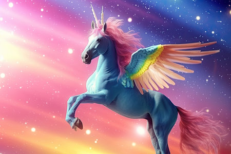 Rainbow background with winged cute unicorn with stars. Generative Aiの素材