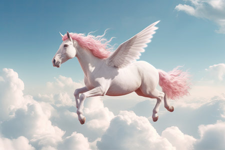 A unicorn, Majestic Pegasus horse flying high above the clouds. Flight of the Pegasus. Generative Aiの素材