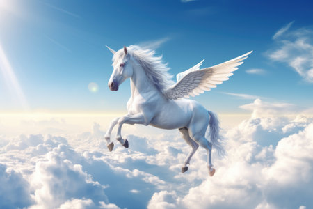 A unicorn, Majestic Pegasus horse flying high above the clouds. Flight of the Pegasus. Generative Aiの素材