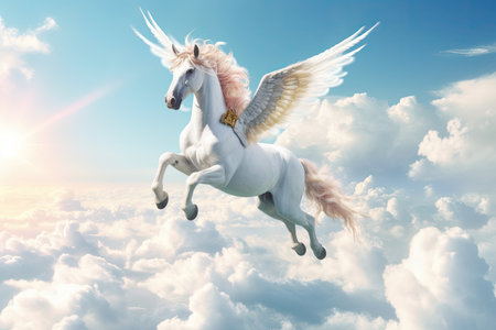 A unicorn, Majestic Pegasus horse flying high above the clouds. Flight of the Pegasus. Generative Aiの素材
