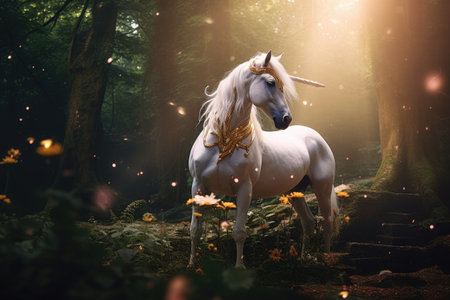 A unicorn, Beautiful unicorn in a magical forest magic. Generative Aiの素材