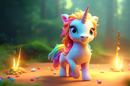 Cartoon, Cute magical unicorn and raibow. Generative Aiの素材