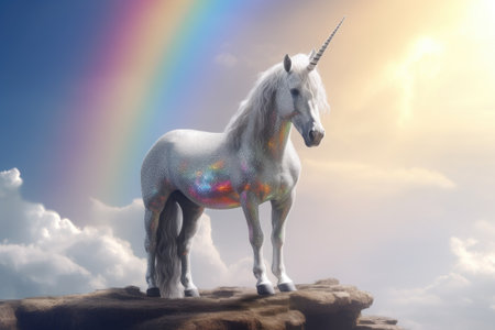 A unicorn, White pegasus unicorn in a cliff high above the clouds. Generative Aiの素材