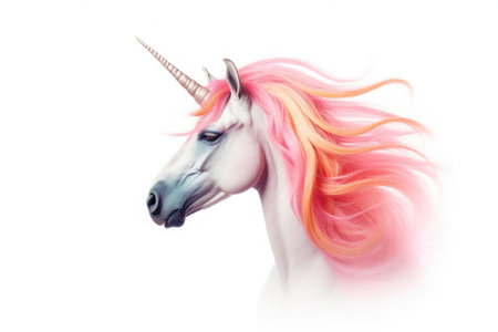 Pink unicorn head with rainbow mane and horn isolated on white background. Generative Aiの素材
