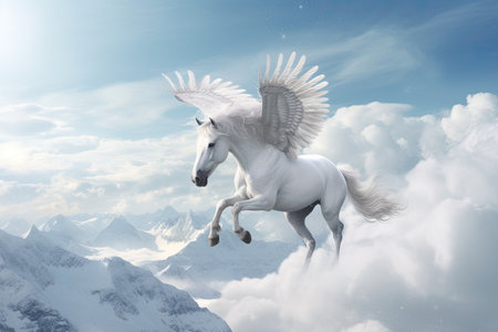 A unicorn, Majestic Pegasus horse flying high above the clouds. Flight of the Pegasus. Generative Aiの素材
