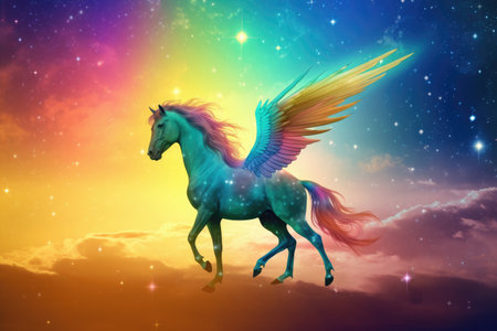 Rainbow background with winged cute unicorn with stars. Generative Aiの素材