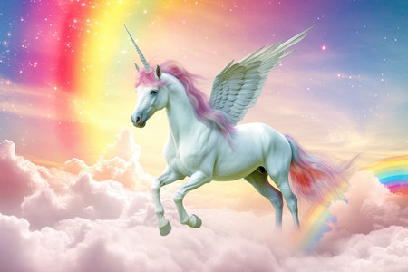 Rainbow background with winged cute unicorn with stars. Generative Aiの素材