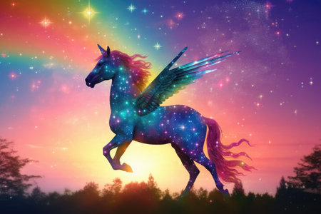 Rainbow background with winged cute unicorn with stars. Generative Aiの素材
