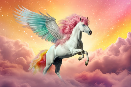 Rainbow background with winged cute unicorn with stars. Generative Aiの素材