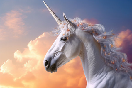 A unicorn head and horn isolated on white background. Unicorn in the skies fantasy. Generative Aiの素材