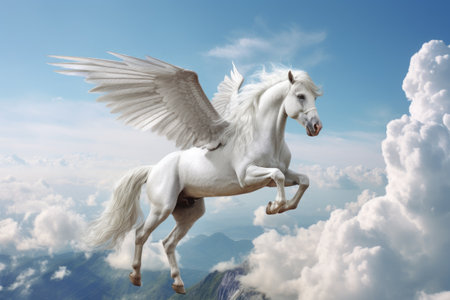 A unicorn, Majestic Pegasus horse flying high above the clouds. Flight of the Pegasus. Generative Aiの素材