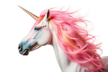 Pink unicorn head with rainbow mane and horn isolated on white background. Generative Aiの素材