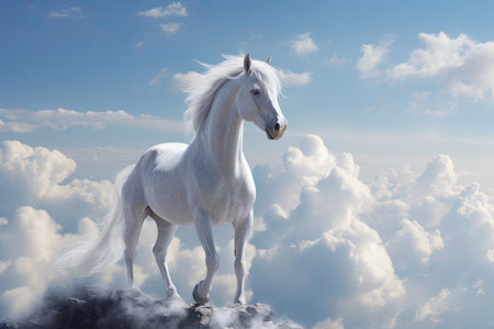 A unicorn, White pegasus unicorn in a cliff high above the clouds. Generative Aiの素材