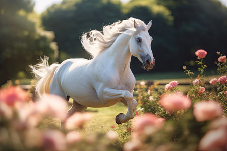 A unicorn, White Unicorn running in dreams flowers. Generative Aiの素材