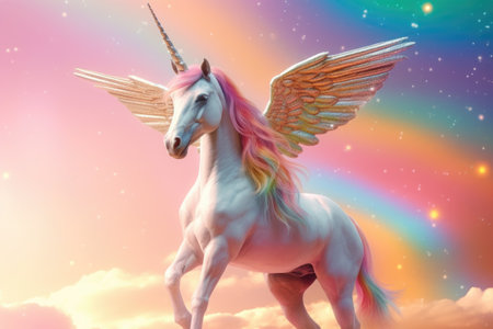 Rainbow background with winged cute unicorn with stars. Generative Aiの素材