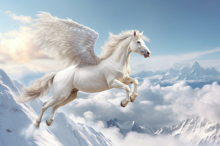 A unicorn, Majestic Pegasus horse flying high above the clouds. Flight of the Pegasus. Generative Aiの素材
