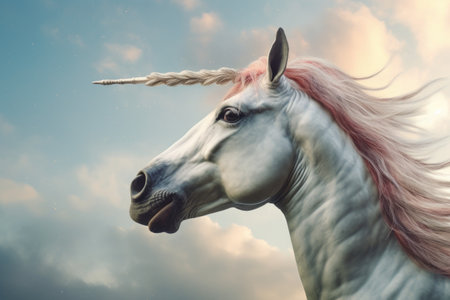A unicorn head and horn isolated on white background. Unicorn in the skies fantasy. Generative Aiの素材